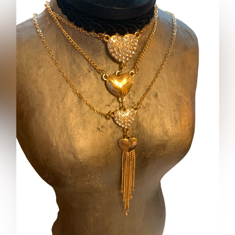 Layered Gold Plated Heart Crystal Necklace Four Strand Chain Woman’s Jewelry